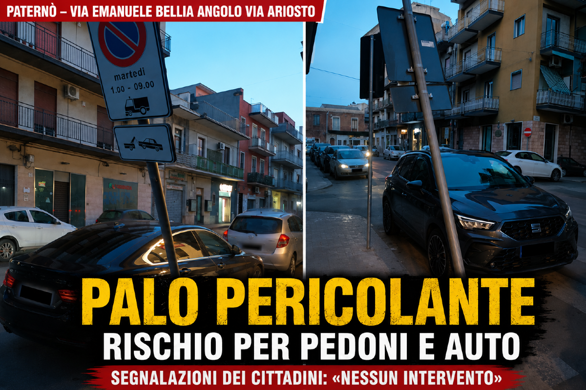 Paternò, palo della segnaletica pericolante in via Emanuele Bellia: “Rischio per pedoni e auto” - 