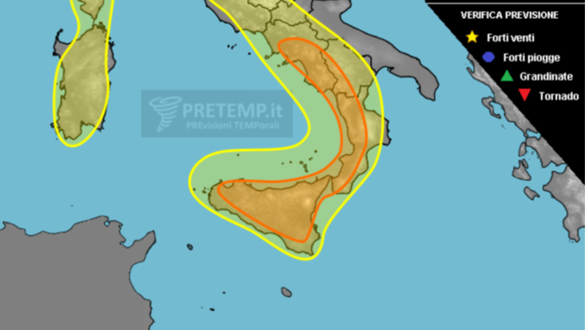 Oggi tra caldo record e temporali: allerta rossa a Catania, PRETEMP non esclude grandinate oltre i 2 cm - 