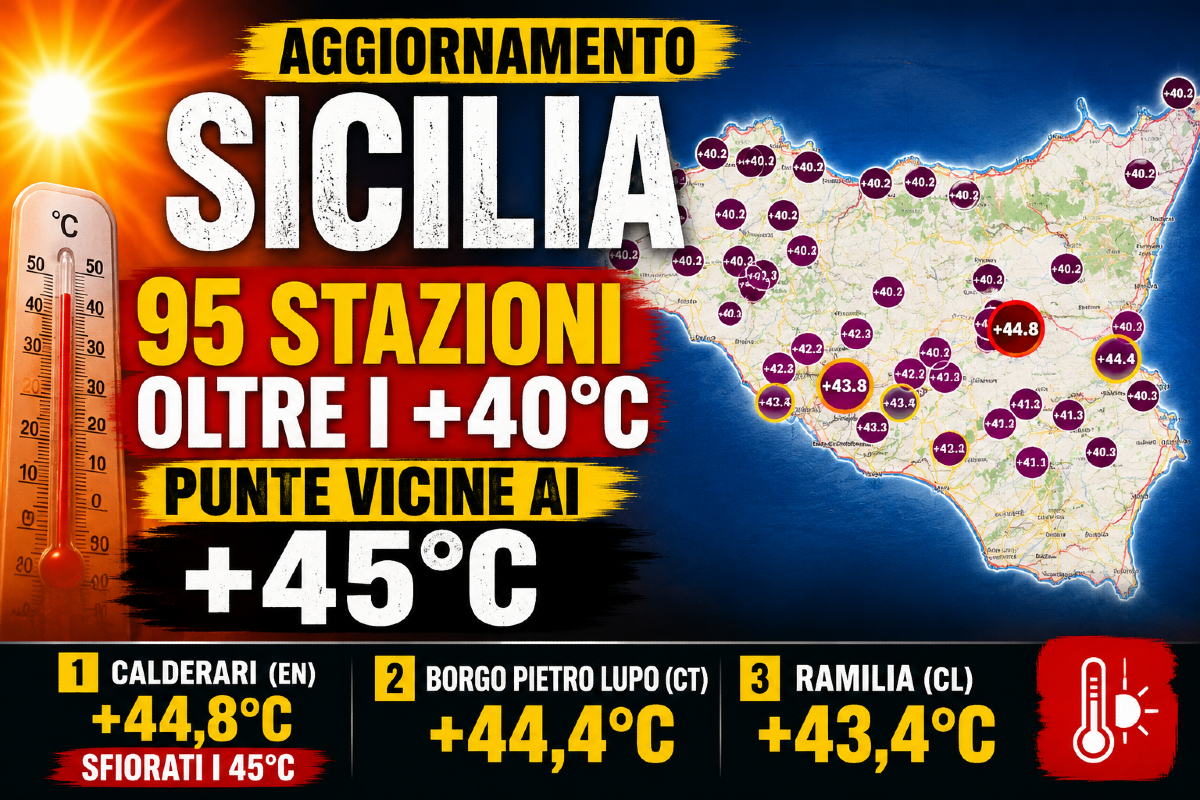 🔥 Sicilia nella fornace: sfiorati oggi i 45°C nell'ennese, 95 stazioni oltre i 40 gradi  - 