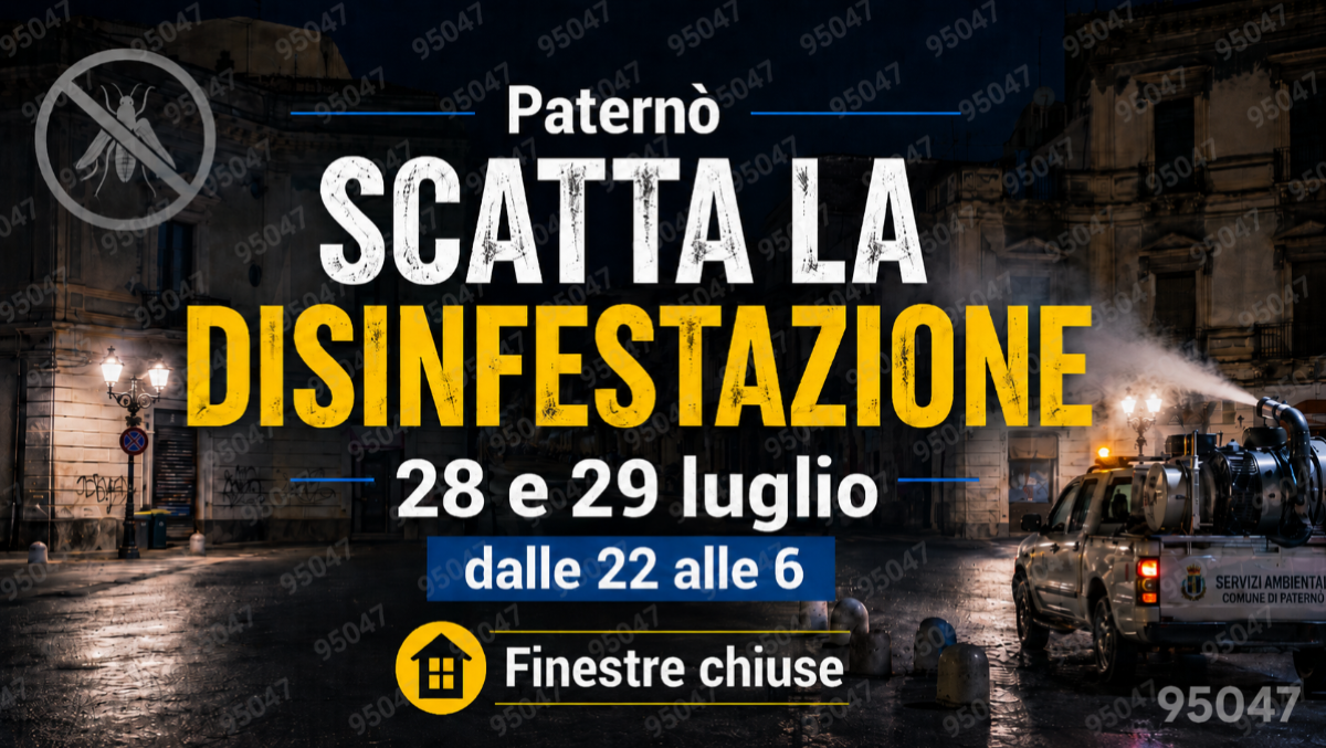Paternò, oggi 28 e domani 29 luglio 2026 la disinfestazione: “Chiudete le finestre e ritirate animali e piante” - 
