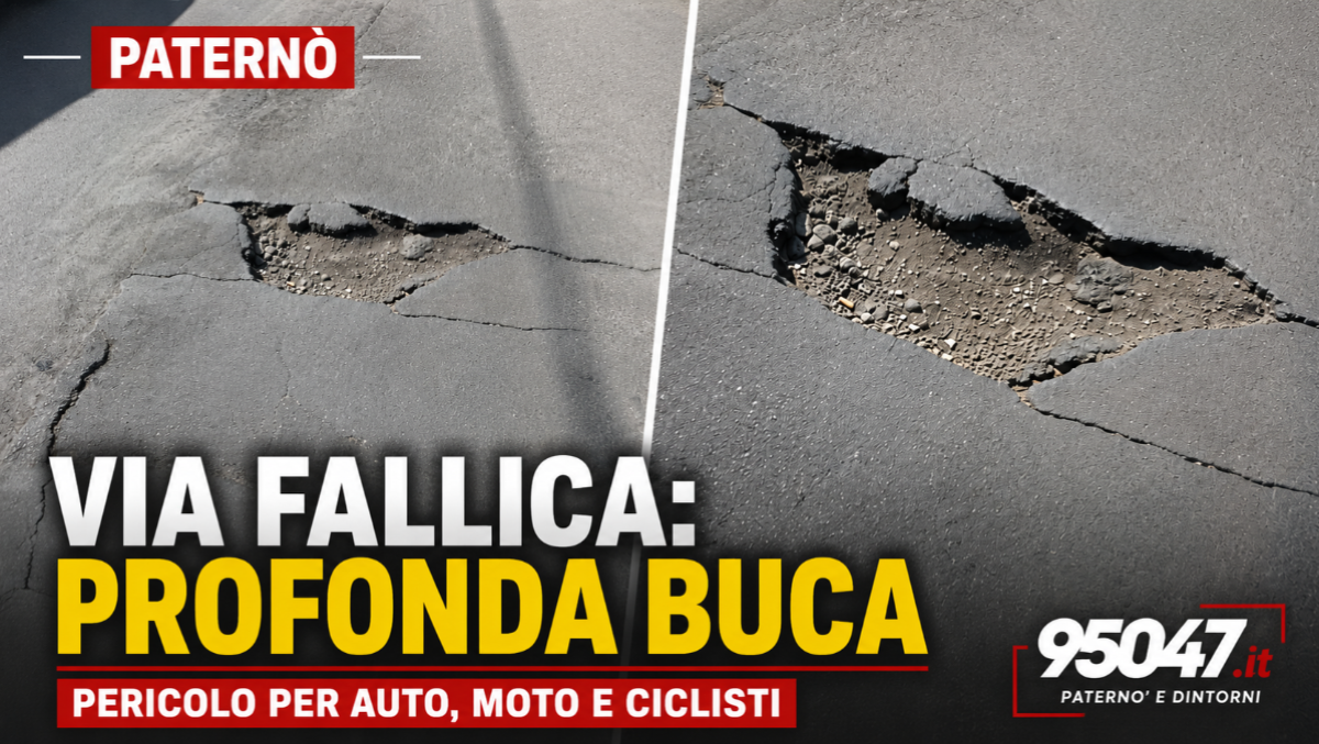 Paternò, profonda buca in via Fallica: pericolo per auto, moto e scooter - 