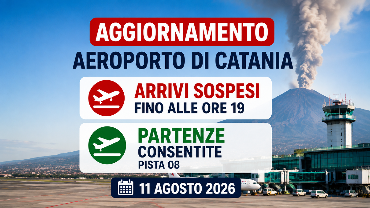 Etna, aeroporto di Catania: arrivi sospesi fino alle 19, partenze consentite dalla pista 08 - 