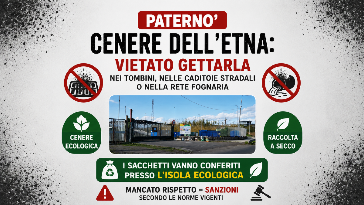 🔴🔴🚨 PATERNO’, CENERE DELL’ETNA: VIETATO GETTARLA,  I SACCHETTI VANNO CONFERITI ALL’ISOLA ECOLOGICA - 