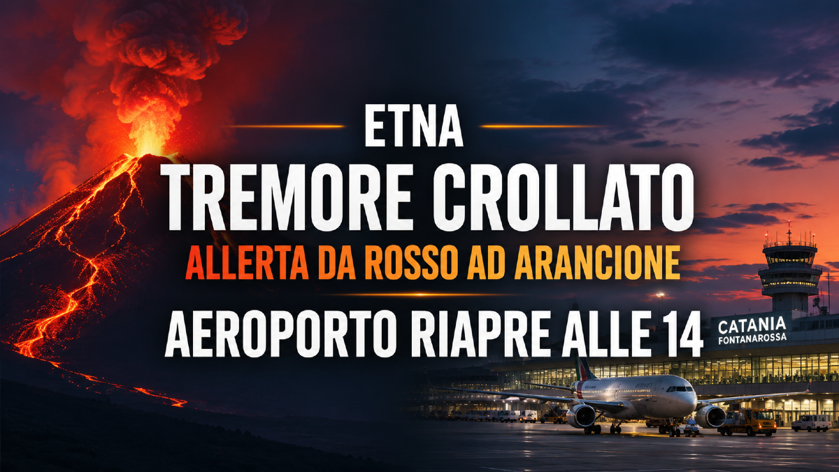 Etna,  nuovo bollettino INGV: tremore crollato, allerta da rosso ad arancione. L’aeroporto di Catania riapre alle 14 - 