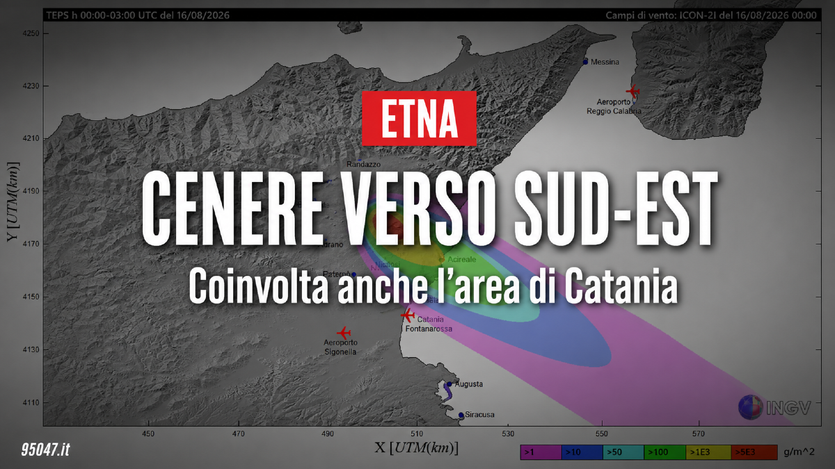 Etna, cenere verso Sud-Est: la mappa INGV indica Zafferana, Acireale e Catania lungo la direttrice - 