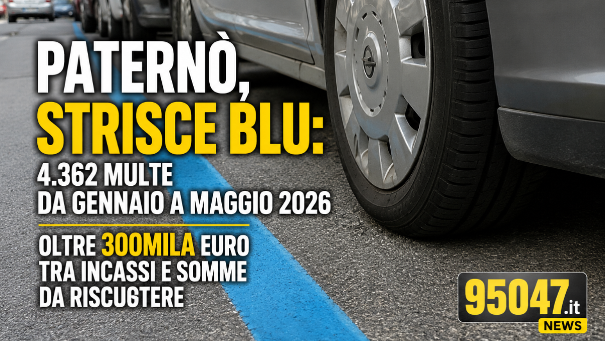 Paternò, strisce blu: 4.362 multe da gennaio a maggio 2026, oltre 300mila euro tra incassi e somme da riscuotere - 